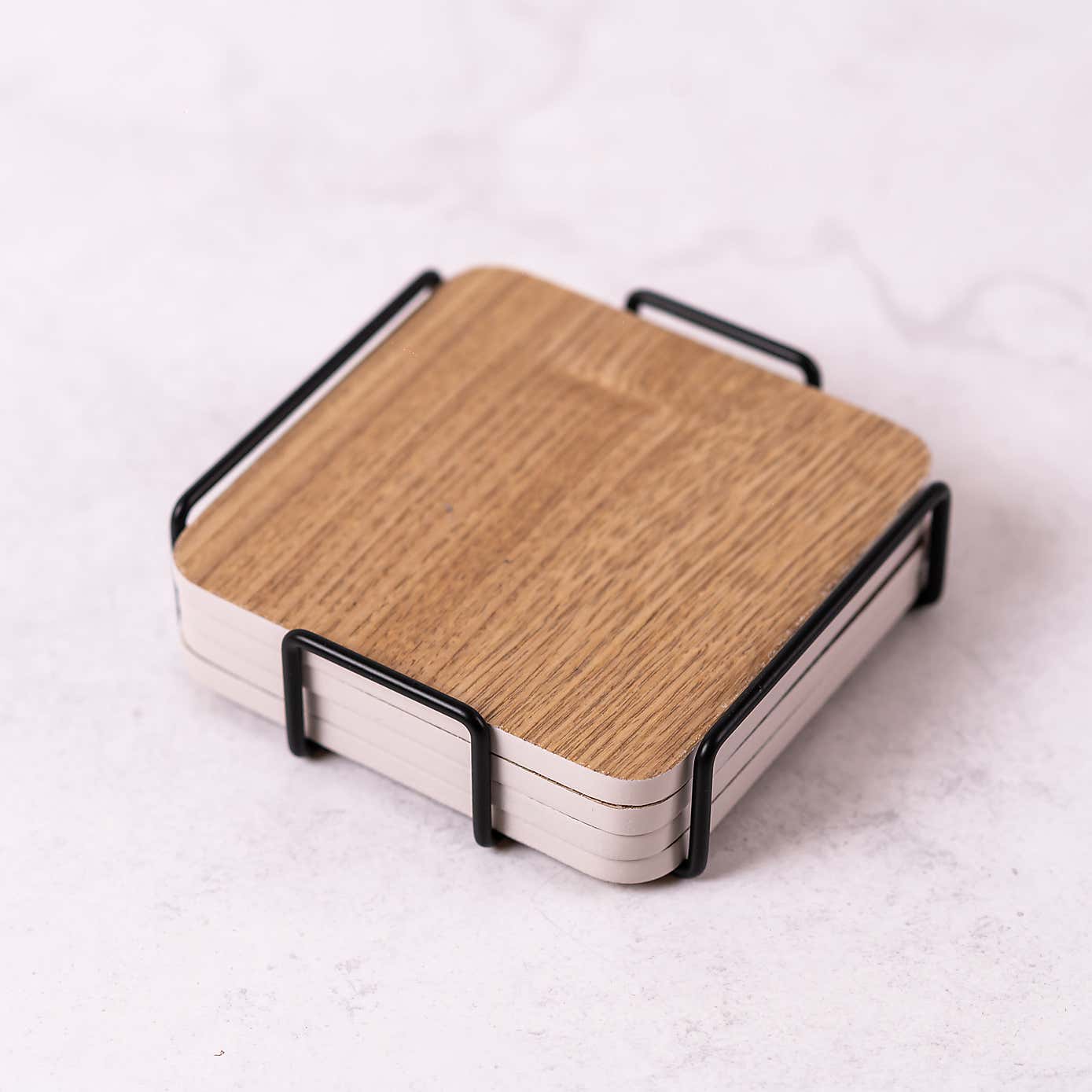 Set of 4 Wooden Coasters With Metal Holder
