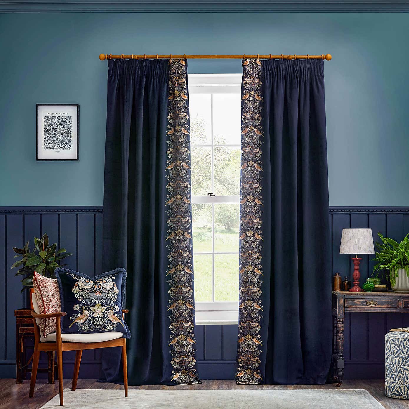 Morris & Co. Strawberry Thief Embroidered Pencil Pleat Curtains