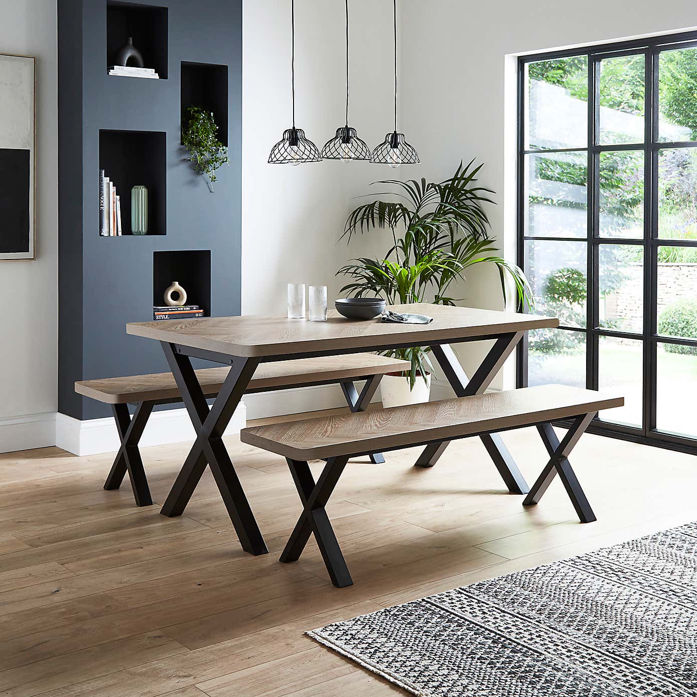Ezra Faux Rustic Parquet Dining Bench Set