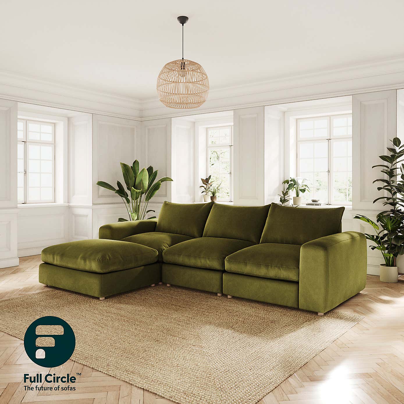 Full Circle Austin Luxury Velvet Left Hand Facing Corner Chaise, Olive