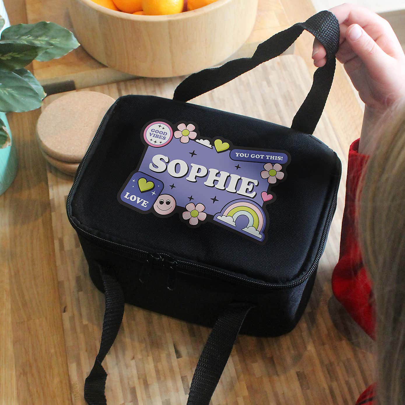Personalised Black Good Vibes Lunch Bag
