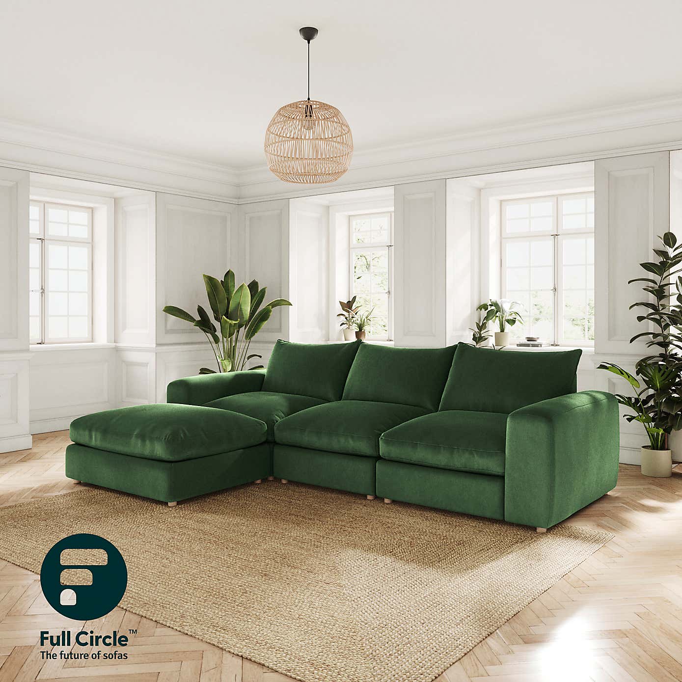 Full Circle Austin Cosy Velvet Left Hand Facing Corner Chaise Bottle, Green