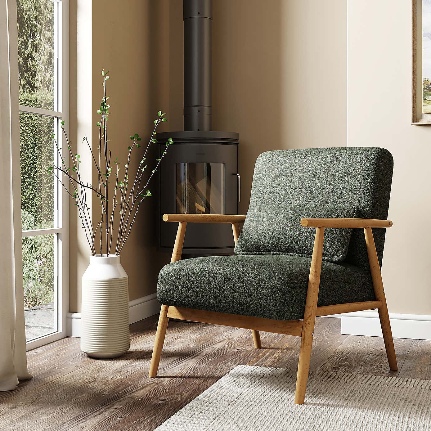 Alpine Spindle Boucle Wooden Arm Accent Chair