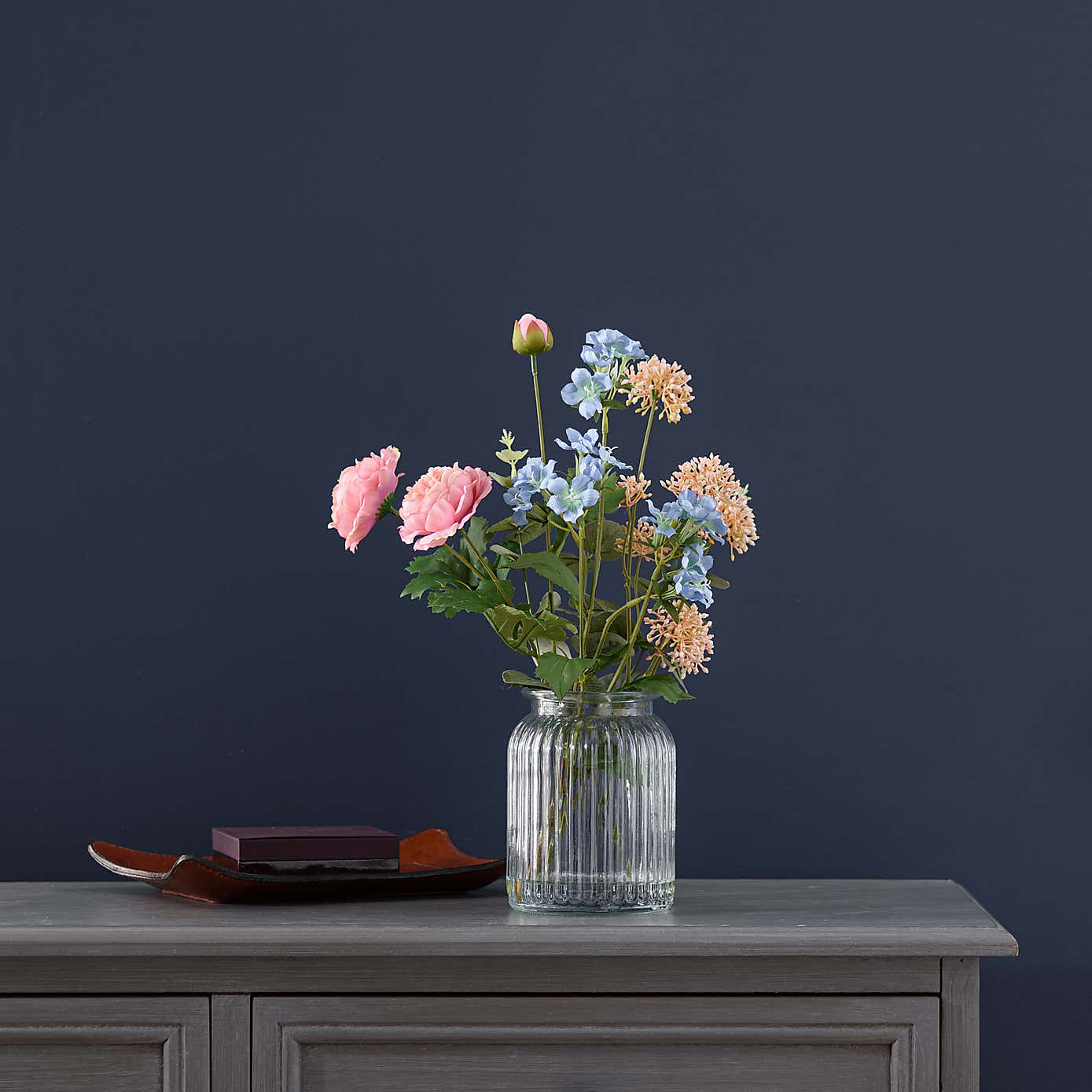 Artificial Pink & Blue Ranunculus Bouquet in Ribbed Glass Vase