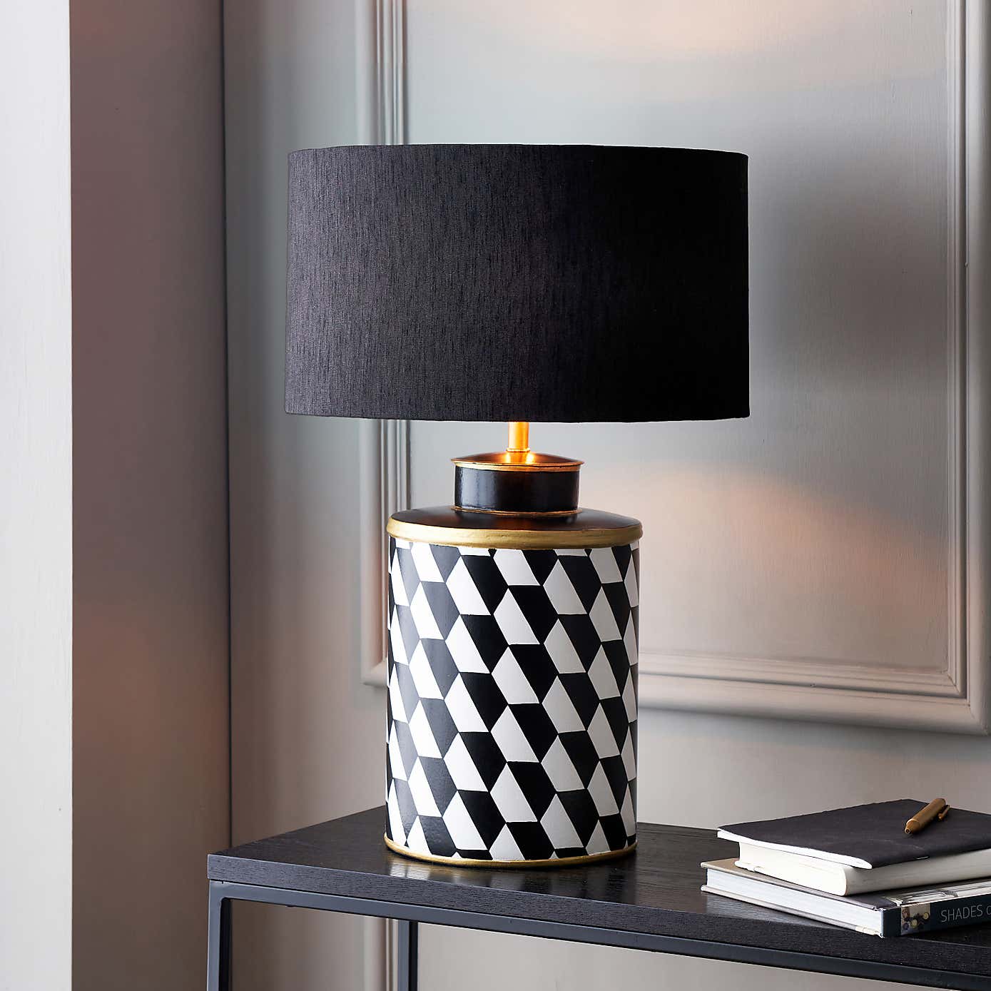 Victor Geometric Hand Painted Table Lamp with 35cm Stellan Slubbed Silk Shade