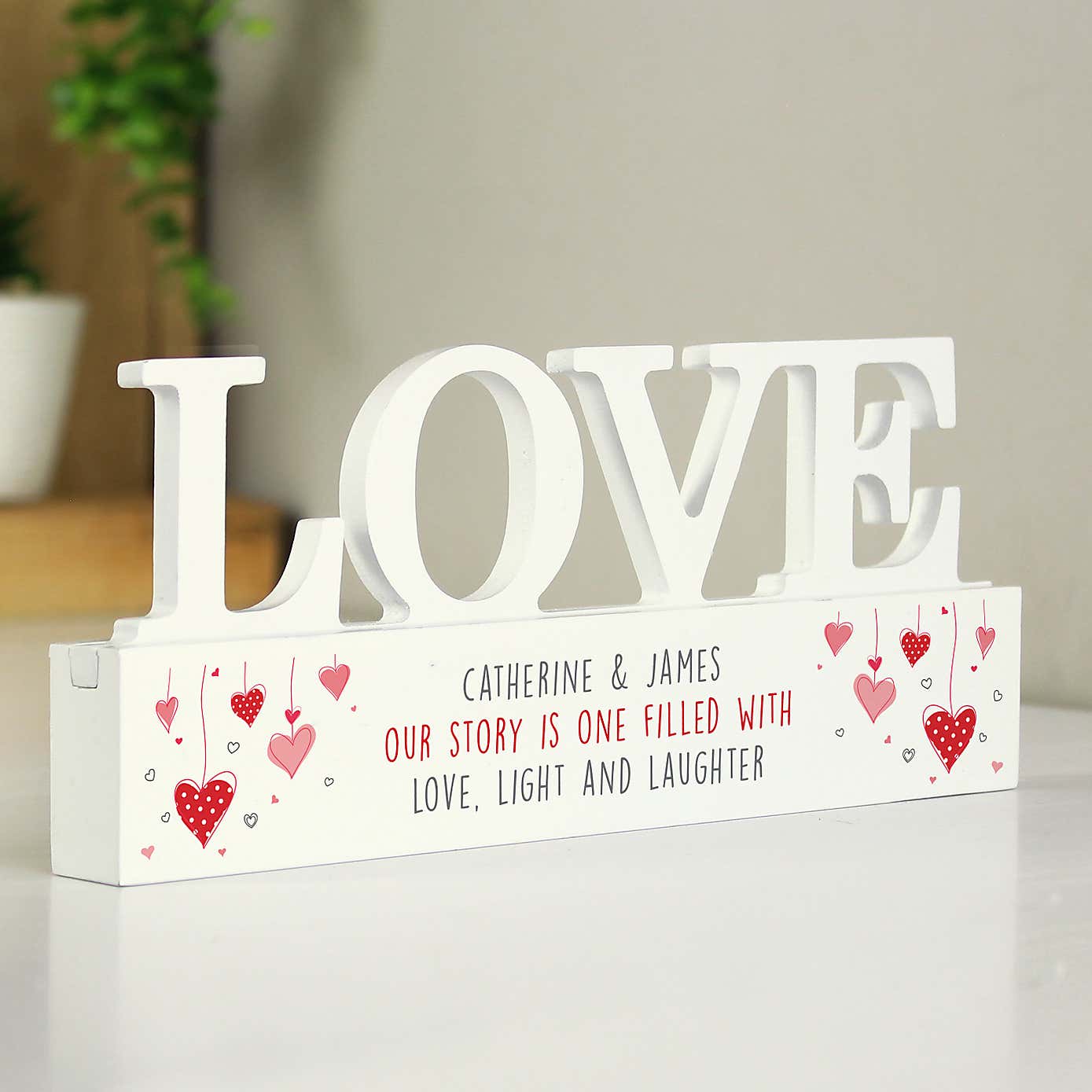 Personalised  Love Wooden Ornament with Red hearts design