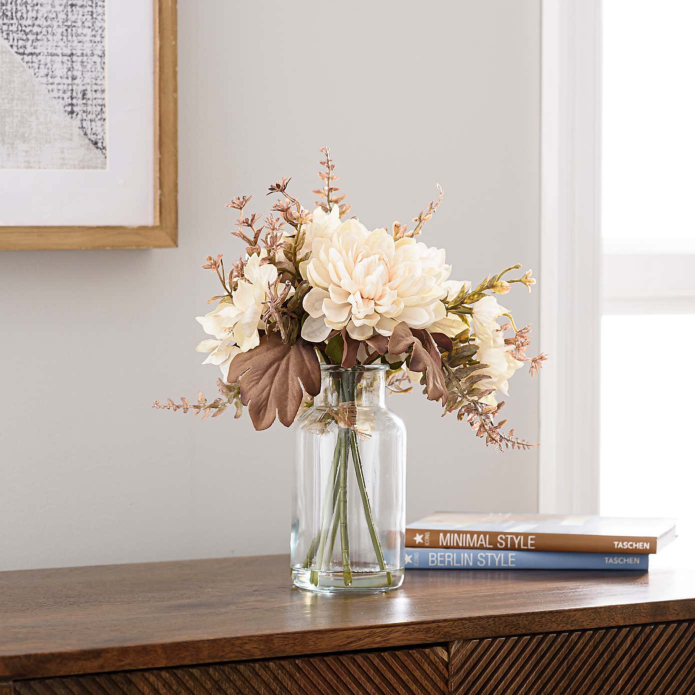 Artificial Dried Dahlia and Foliage Bouquet in Glass Vase