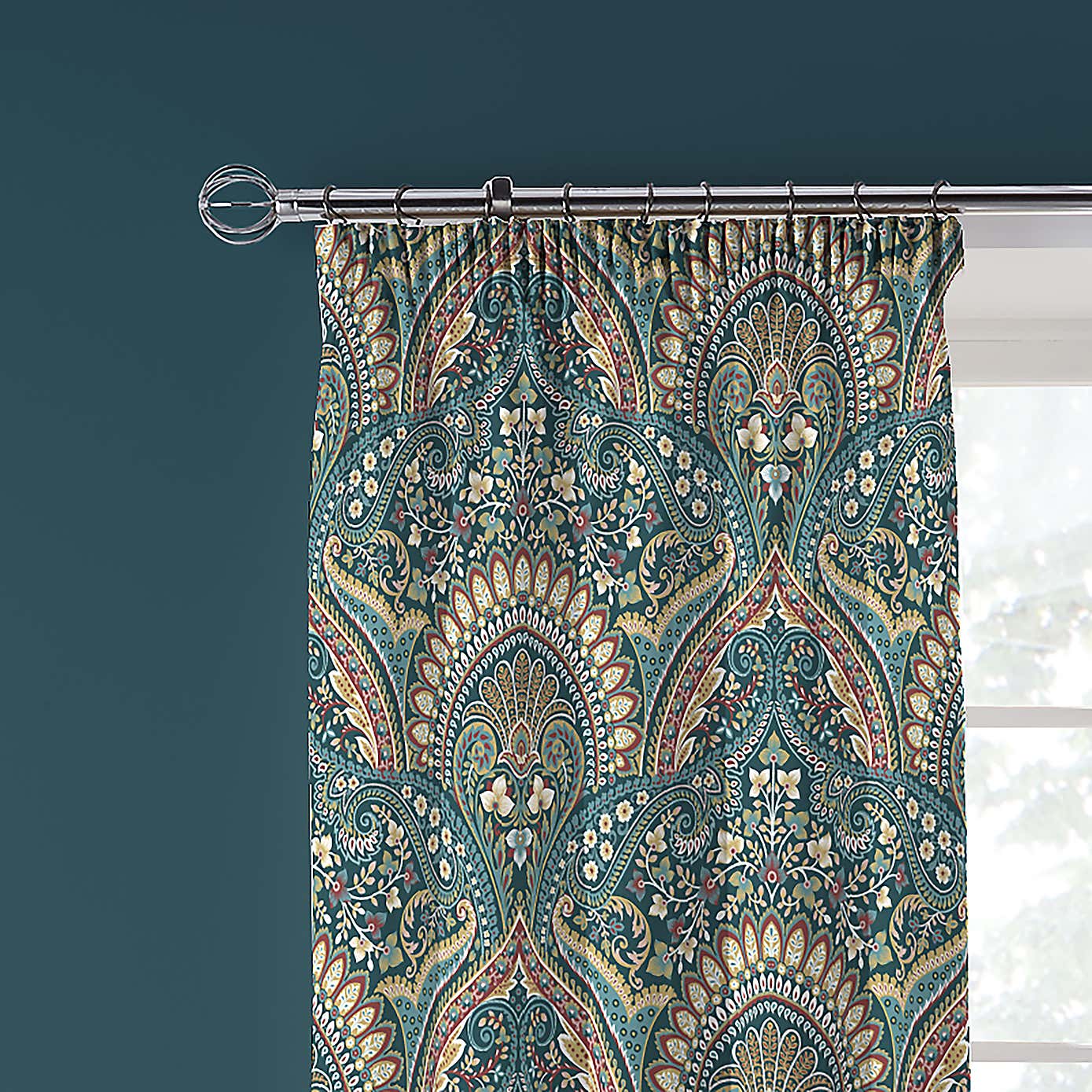 Palais Teal 168 x 183cm Pencil Pleat Curtains With Tie Backs