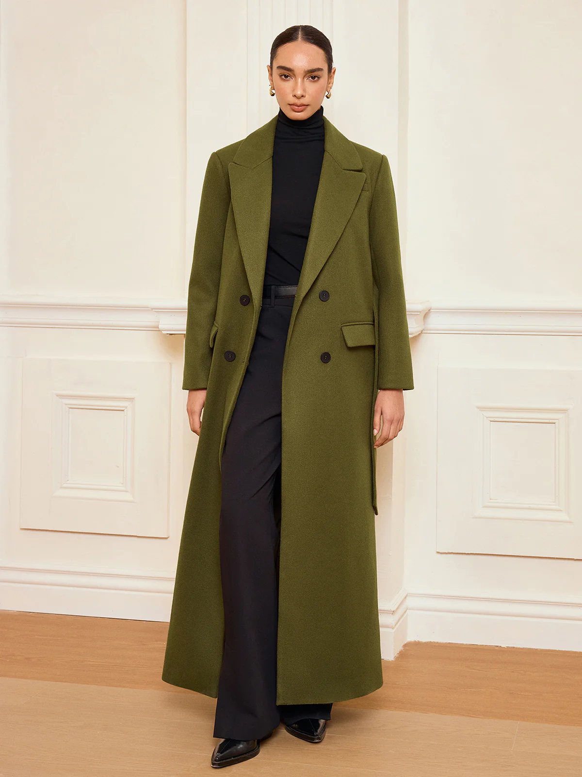 Double-Breasted Belted Long Coat