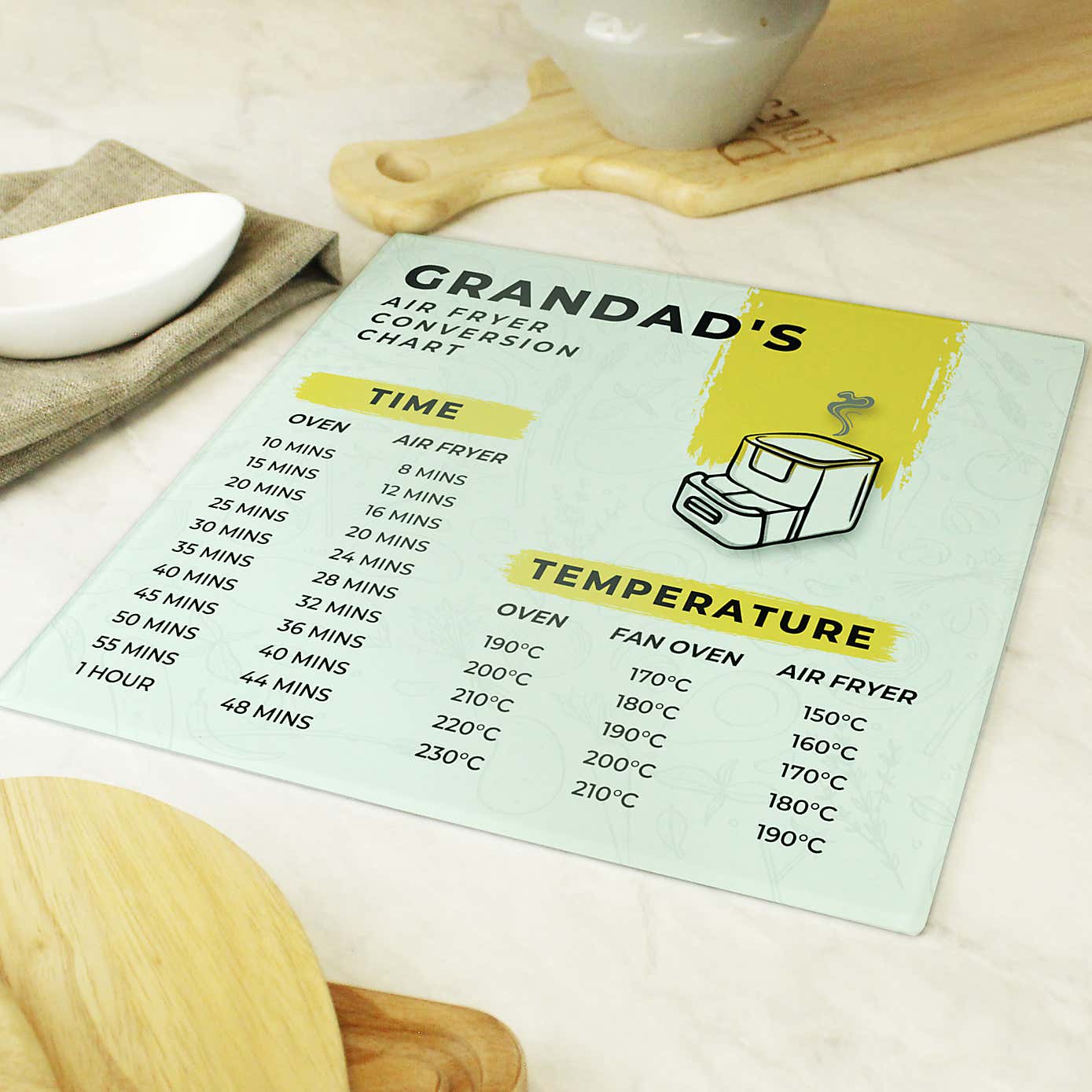 Personalised Air Fryer Chart Glass Worktop Saver