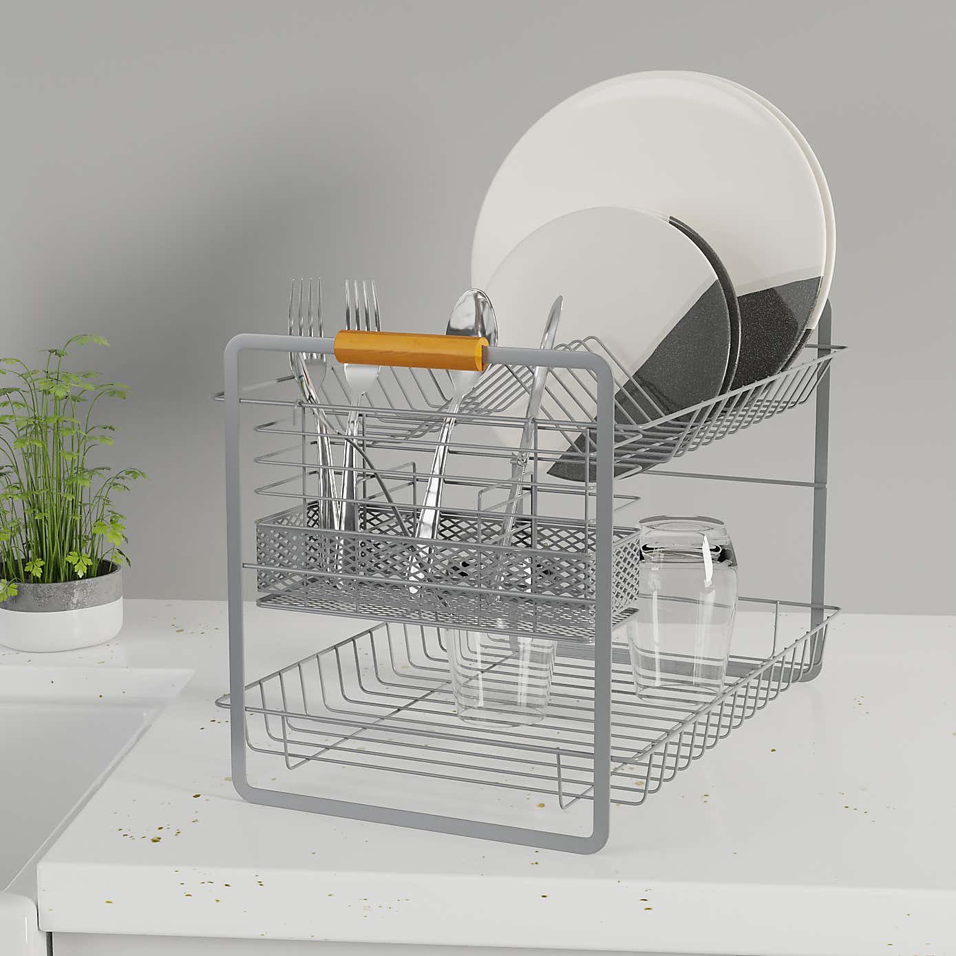 Grey and Bamboo Two Tier Drainer