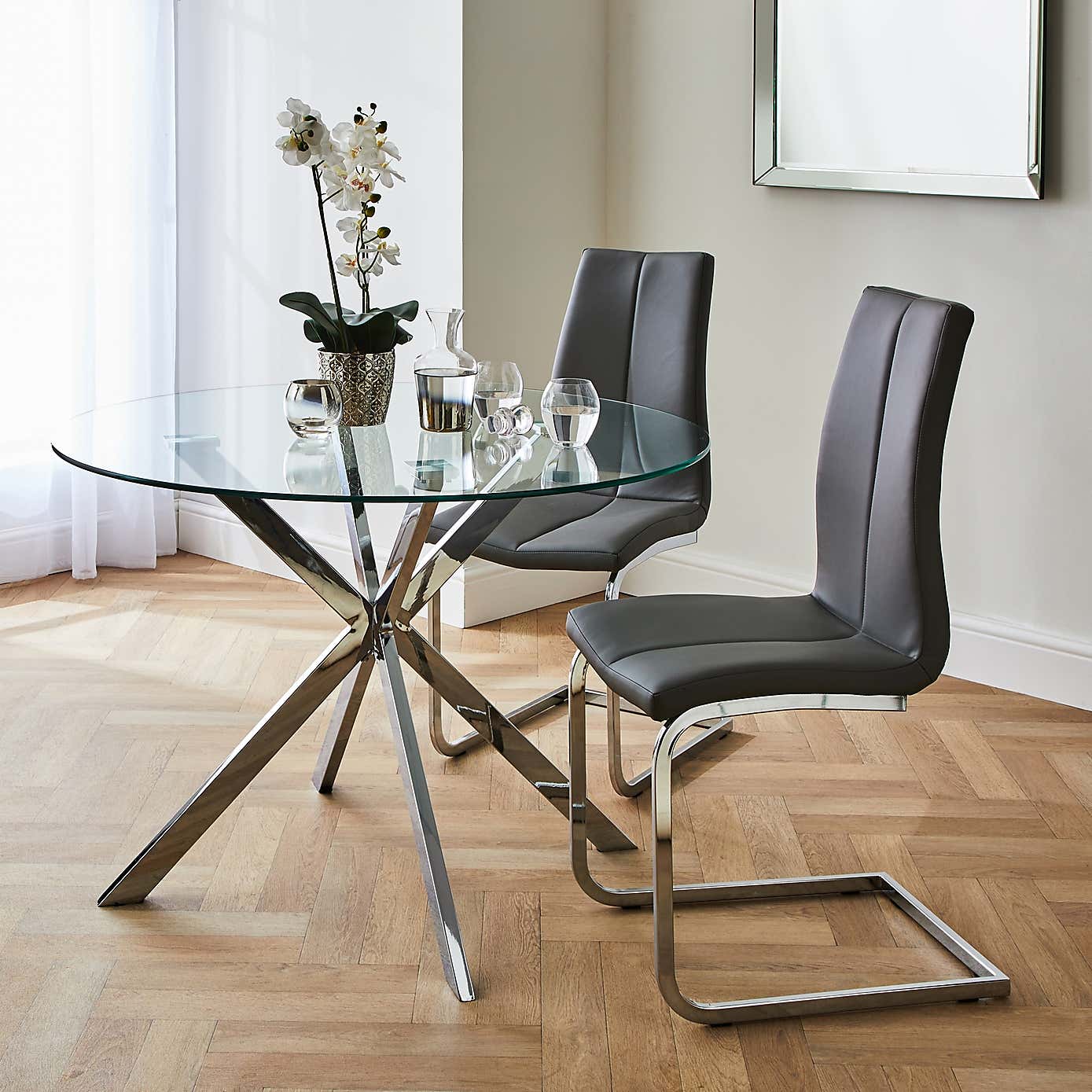 Lumia Glass Round Dining Set with Jamison Chairs
