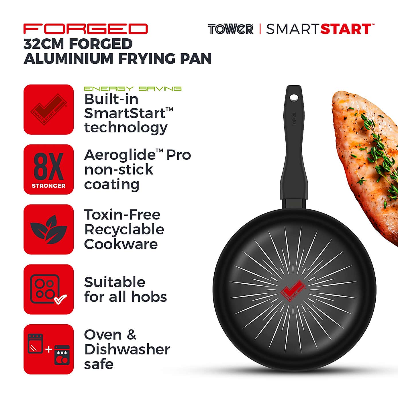 Tower Smart Start Non-Stick Forged Aluminium Frying Pan, 32cm