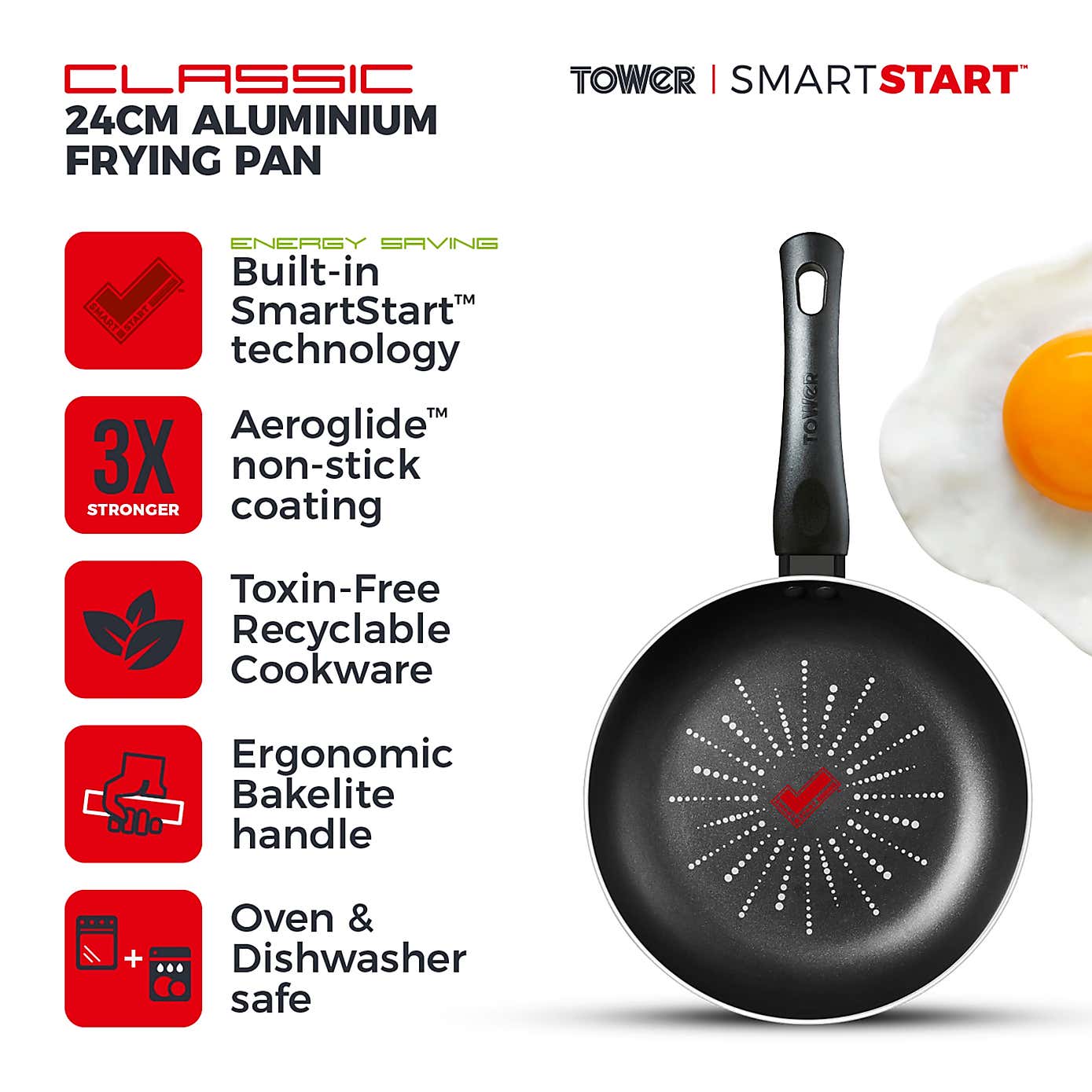 Tower Smart Start Classic Non-Stick Aluminium Frying Pan, 24cm