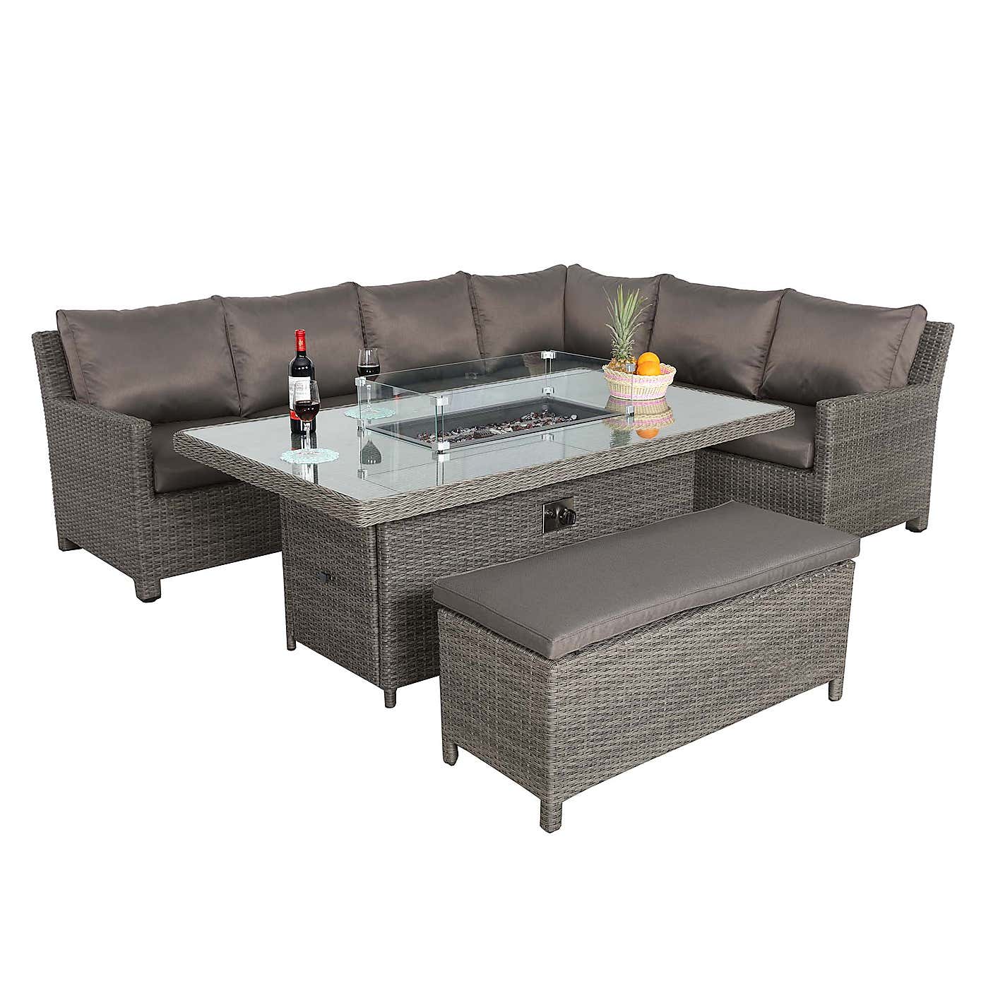 Paris 7 Piece Deluxe Modular Corner Dining Set with Rectangular Firepit